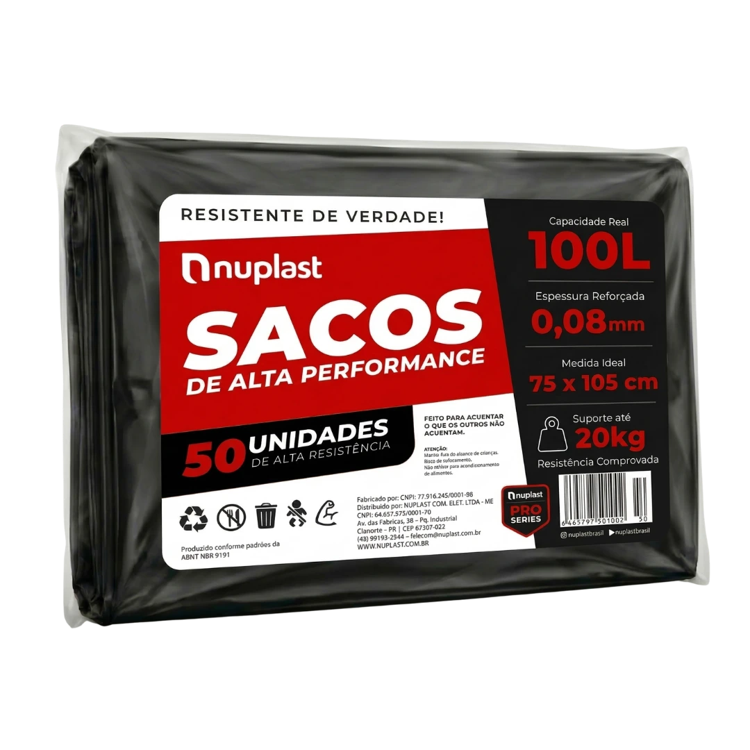 Saco de lixo Nuplast 100 litros 50 unidades - 75x105cm espessura 0,08mm