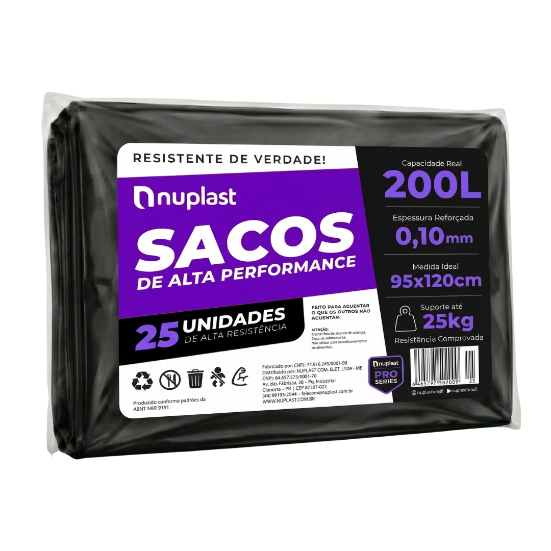 Saco de lixo Nuplast 200 litros 25 unidades - 95x120cm espessura 0,10mm