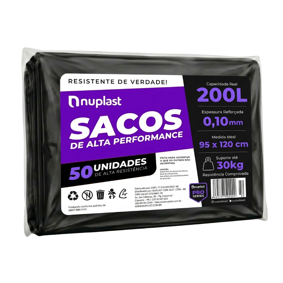 Saco de lixo Nuplast 200 litros 50 unidades - 95x120cm espessura 0,10mm