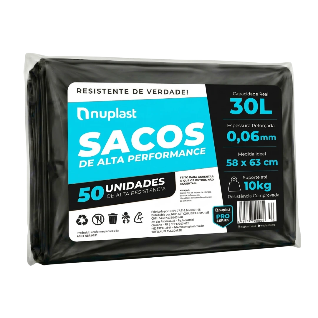 Saco de lixo Nuplast 30 litros - 58x63cm espessura 0,06mm pacote 50 unidades